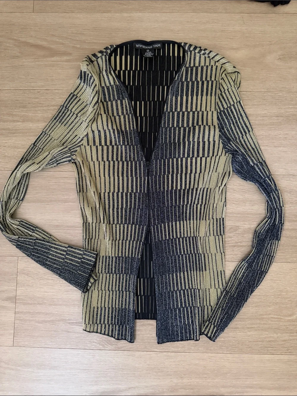 Vivienne Tam Pleats Please 2-Piece Jacket + Skirt Set in Glitter Olive + Black